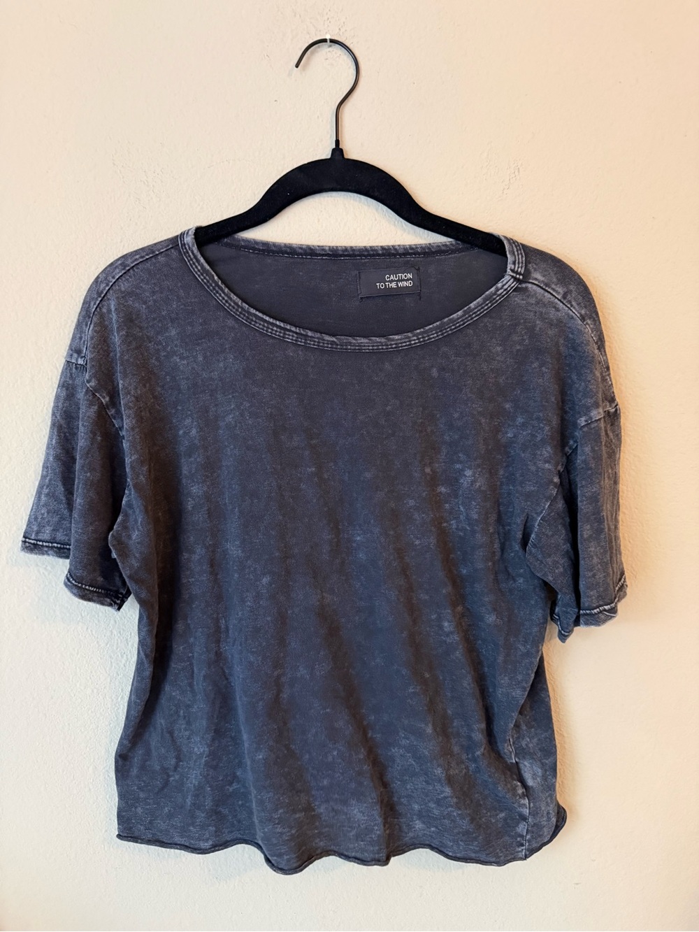 Caution To The Wind Black Distressed Washed Short Sleeve Tee Top Casual Basic